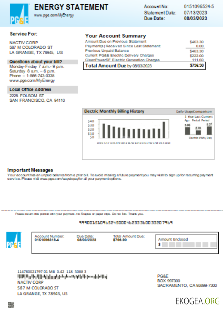 Facture commerciale du service public d'électricité PG&E de Californie, SCR
